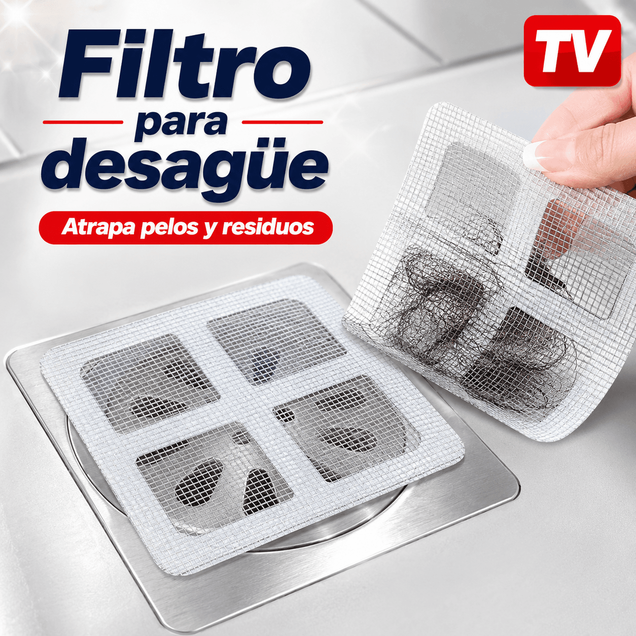 Filtro Para Desagüe Ducha Y Pileta Atrapa Pelos Malla Adhesiva Desechable x10