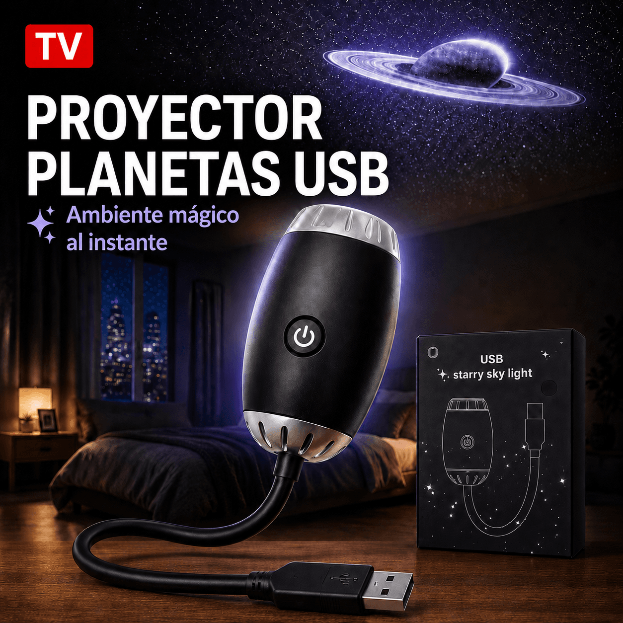 Proyector Galaxia y Estrellas USB Luz de Noche Flexible