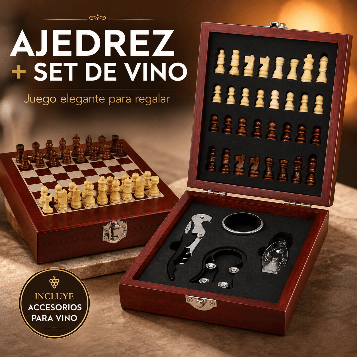 Set De Ajedrez Con Accesorios De Vino Caja De Madera Regalo Elegante Premium