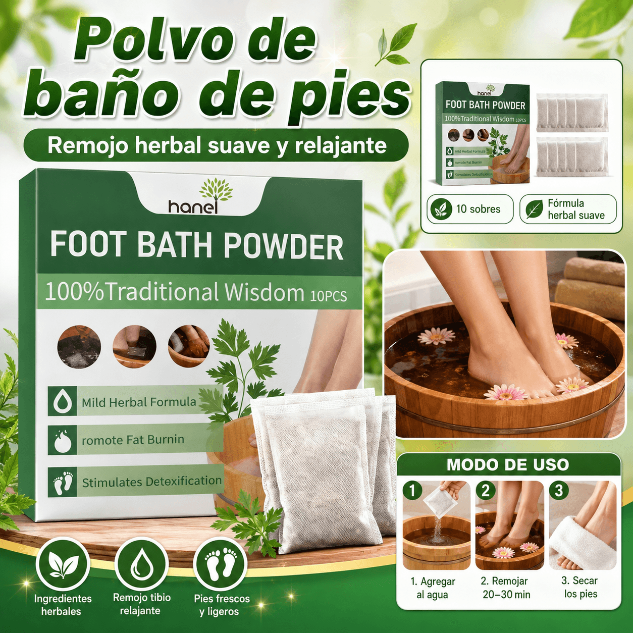Polvo Herbal Para Baño De Pies Hanel Spa Relax Detox 10 Sobres