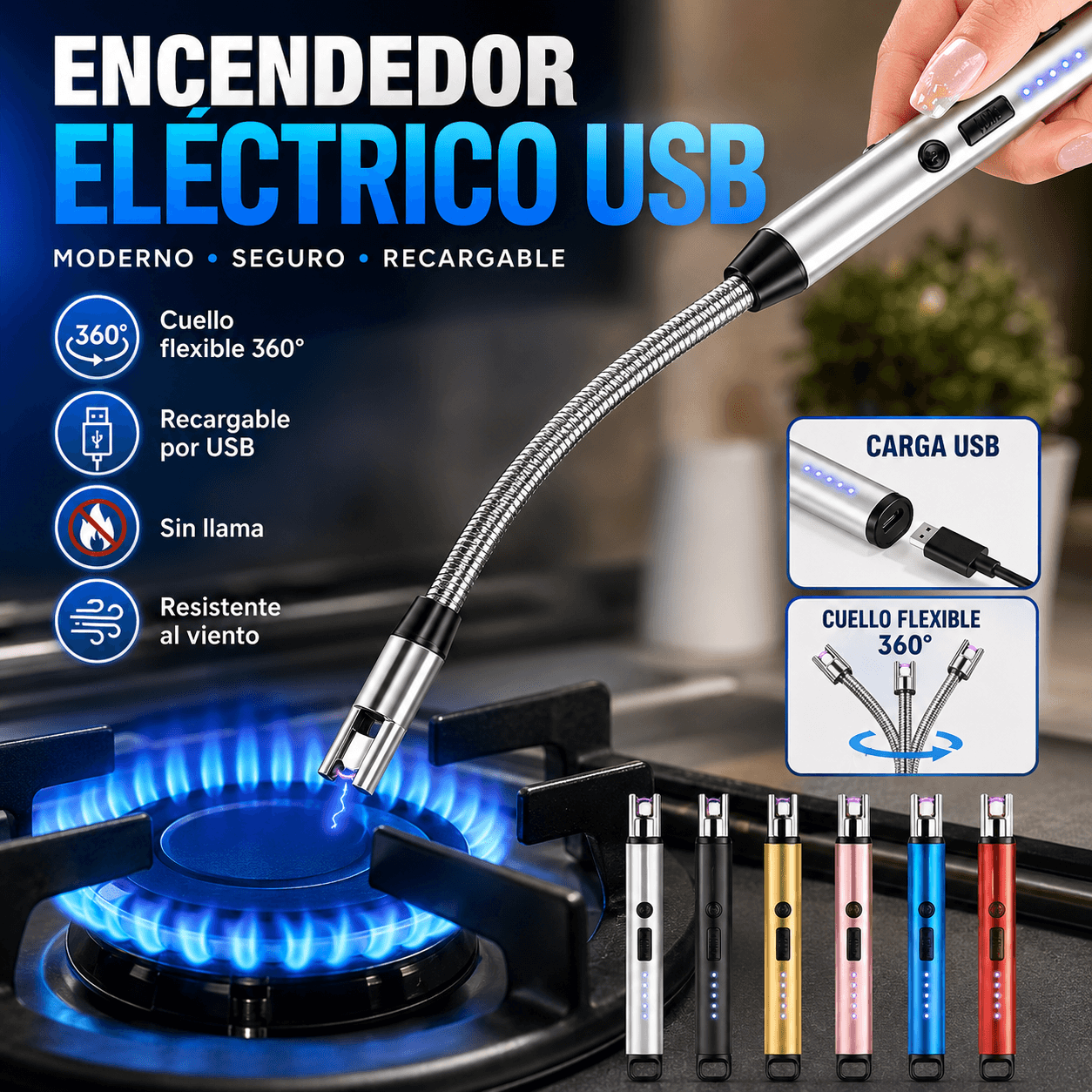Encendedor Eléctrico USB Recargable Cuello Flexible 360 Arco Plasma