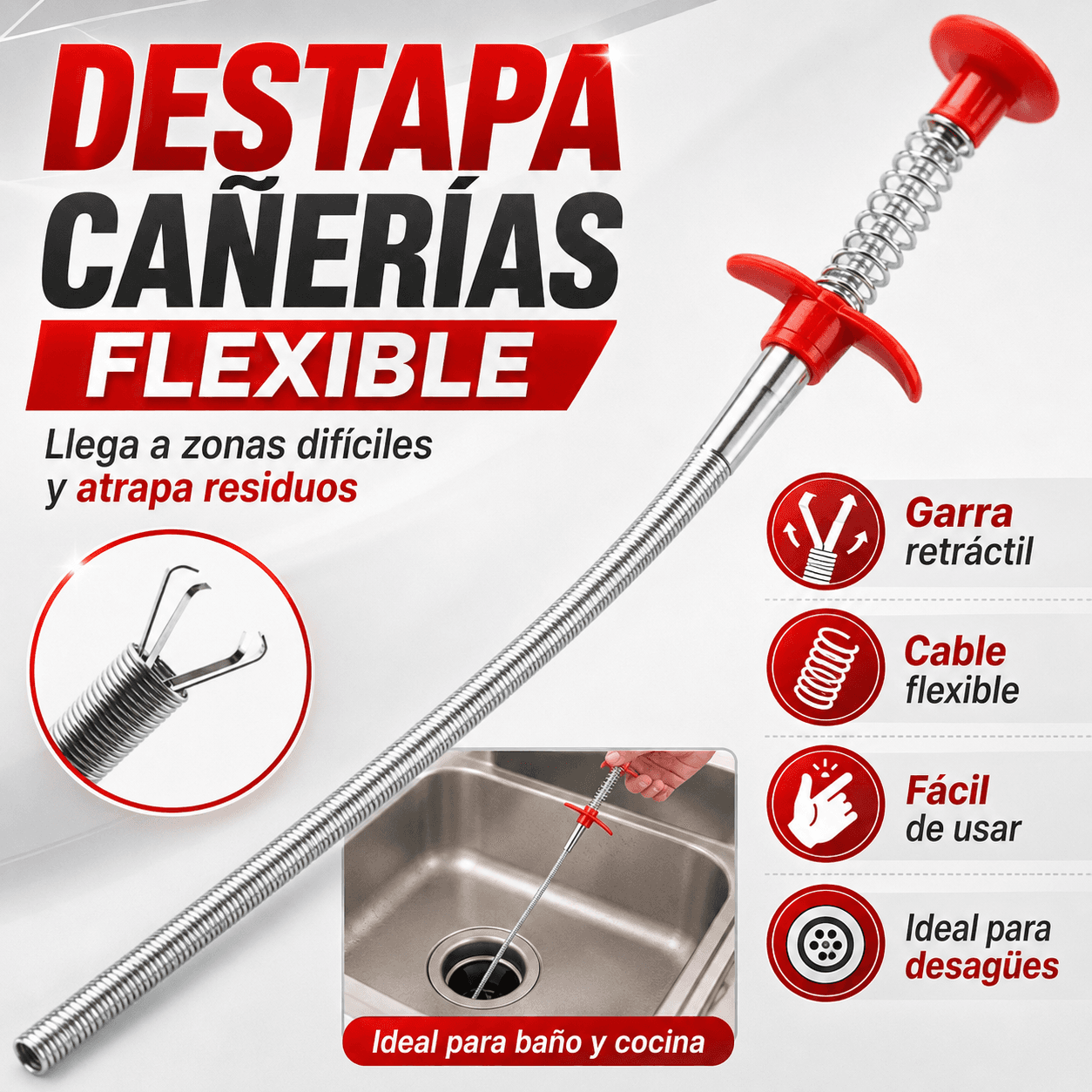 Destapador De Cañerías Flexible Con Garra Retráctil Para Baño Y Cocina