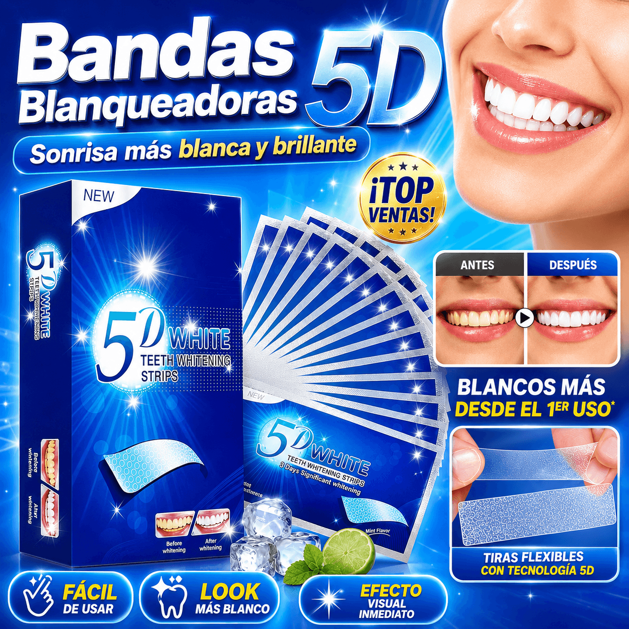 Bandas Blanqueadoras Dientes 5D White Tiras Blanqueamiento Dental