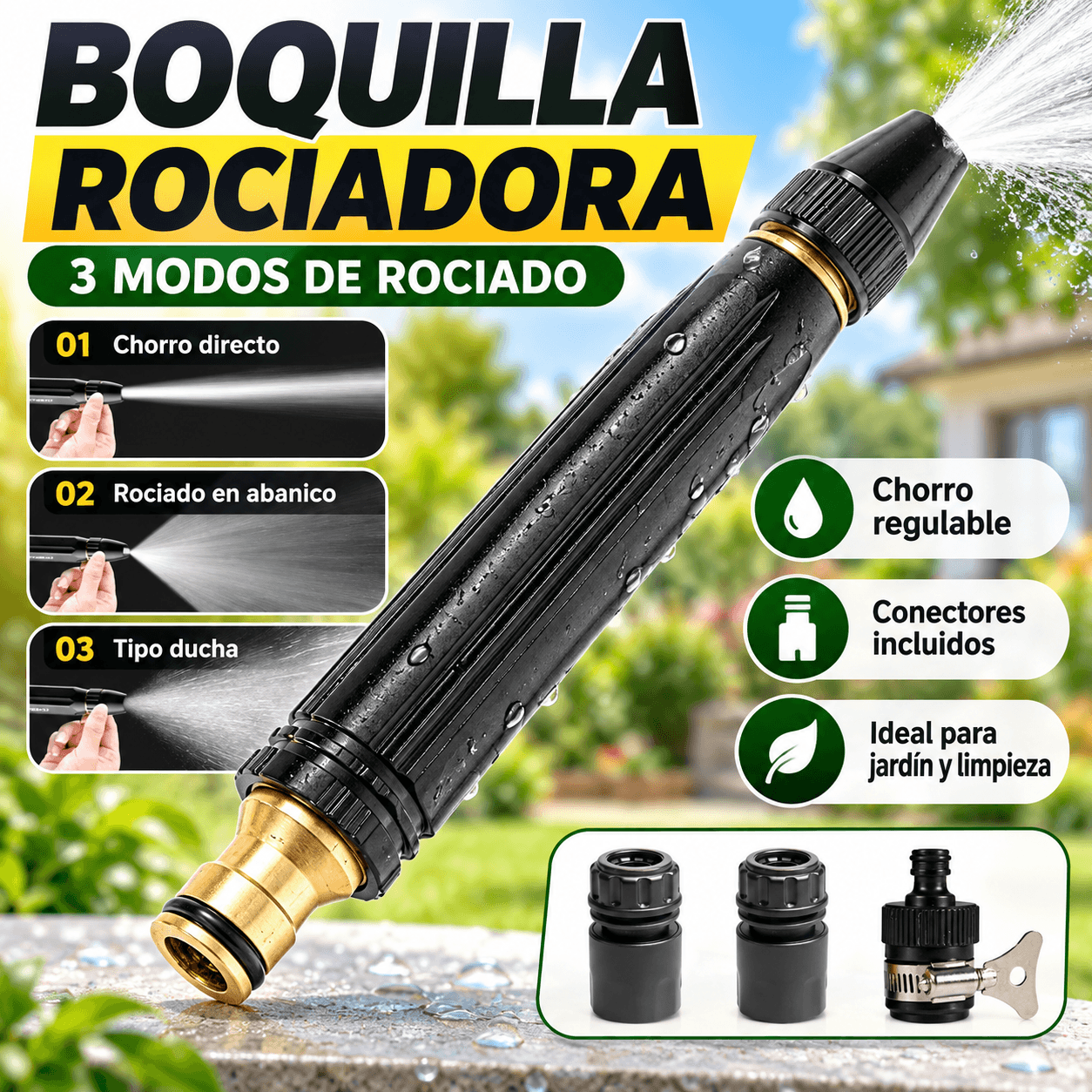 Boquilla Rociadora Alta Presion Manguera Jardin 3 Modos Con Conectores
