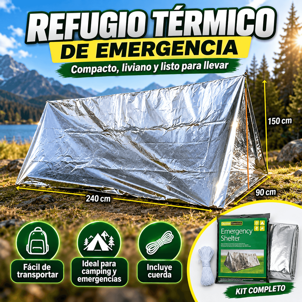 Refugio Térmico de Emergencia Carpa Mylar Camping Survival Kit 240x90cm