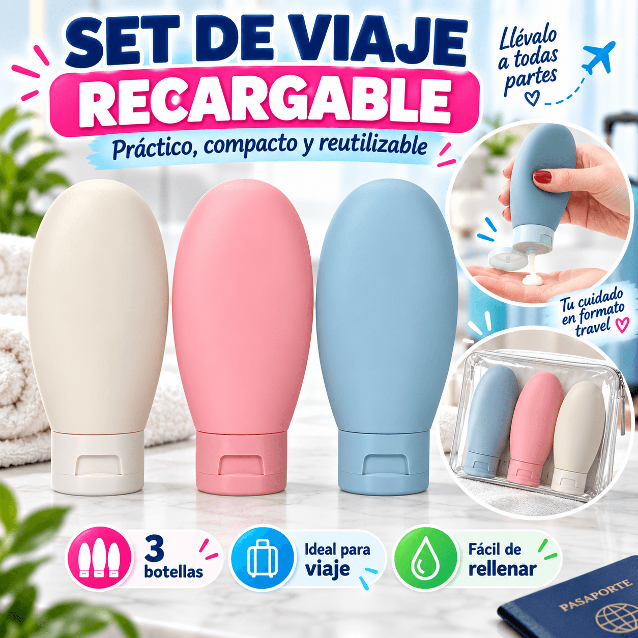 Set De Viaje Recargable Dispensadores Silicona X3 Unidades Neceser