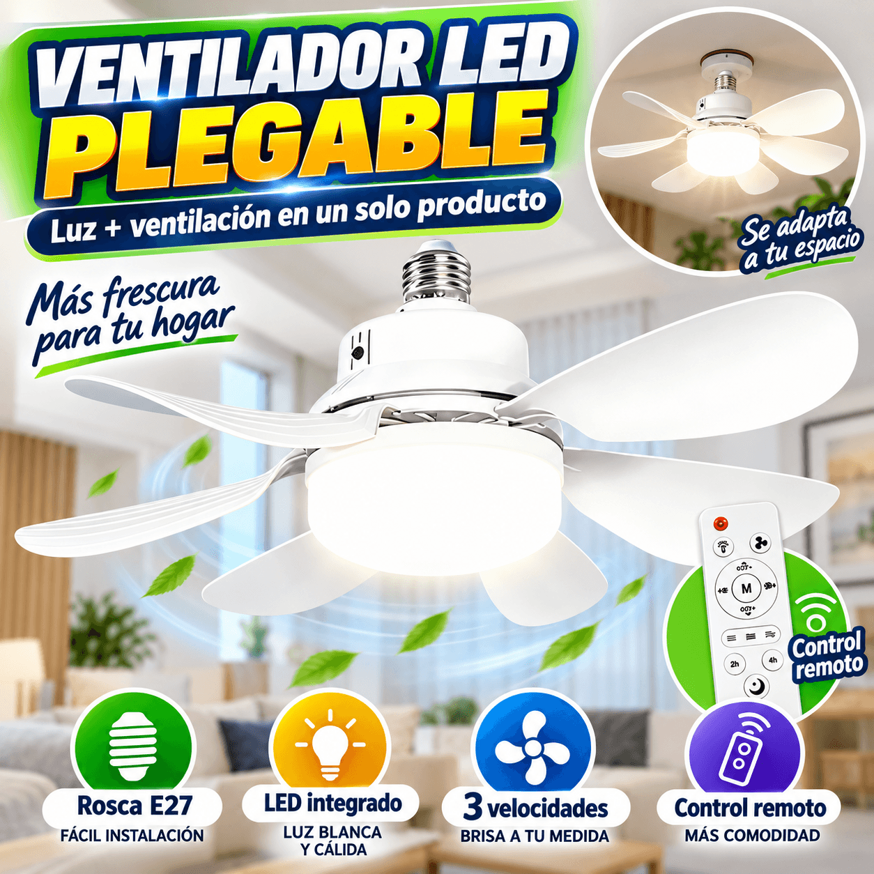 Ventilador De Techo Plegable Con Luz LED Y Control Remoto Rosca E27