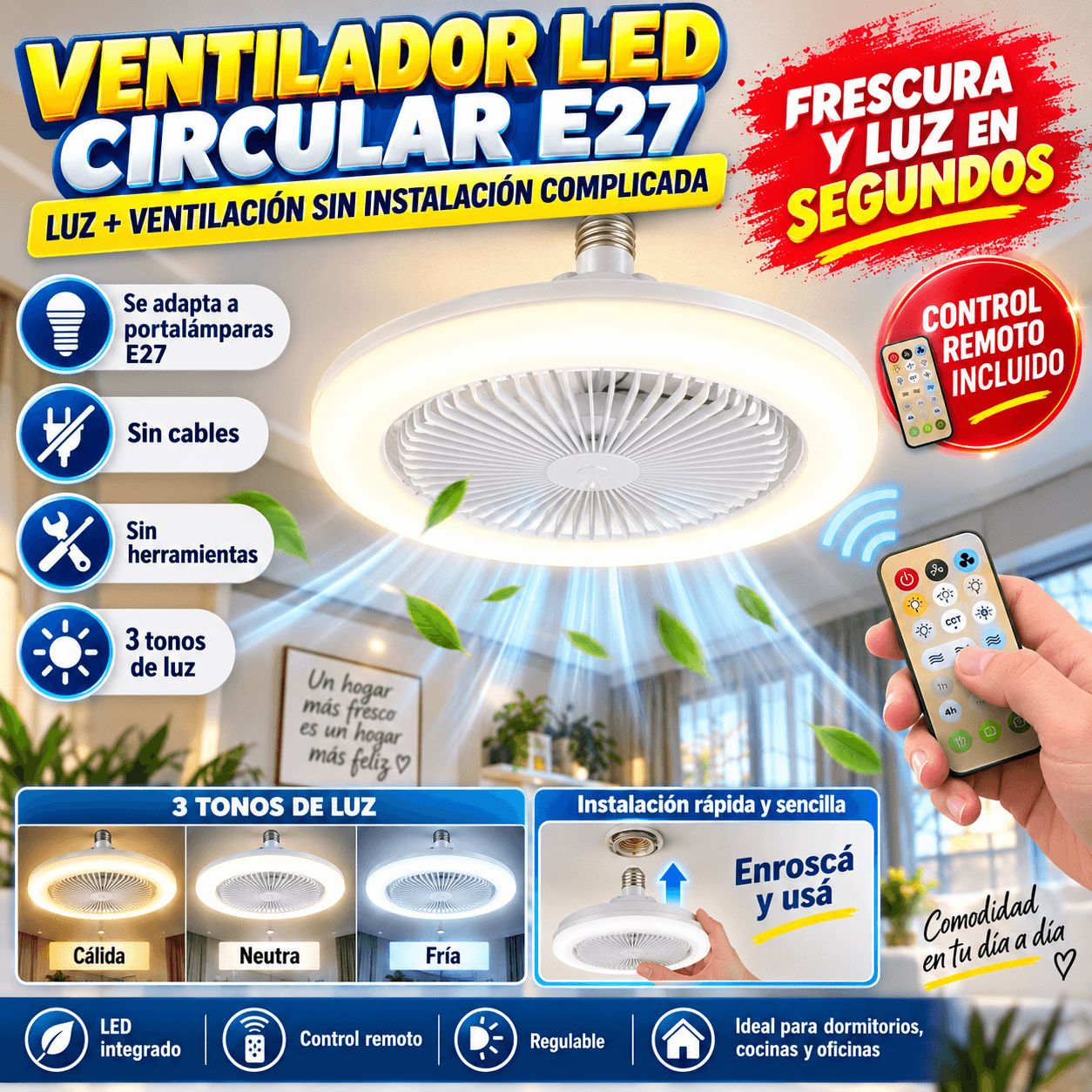 Ventilador Lámpara Techo LED Circular E27 Con Control Remoto 3 Tonos Luz