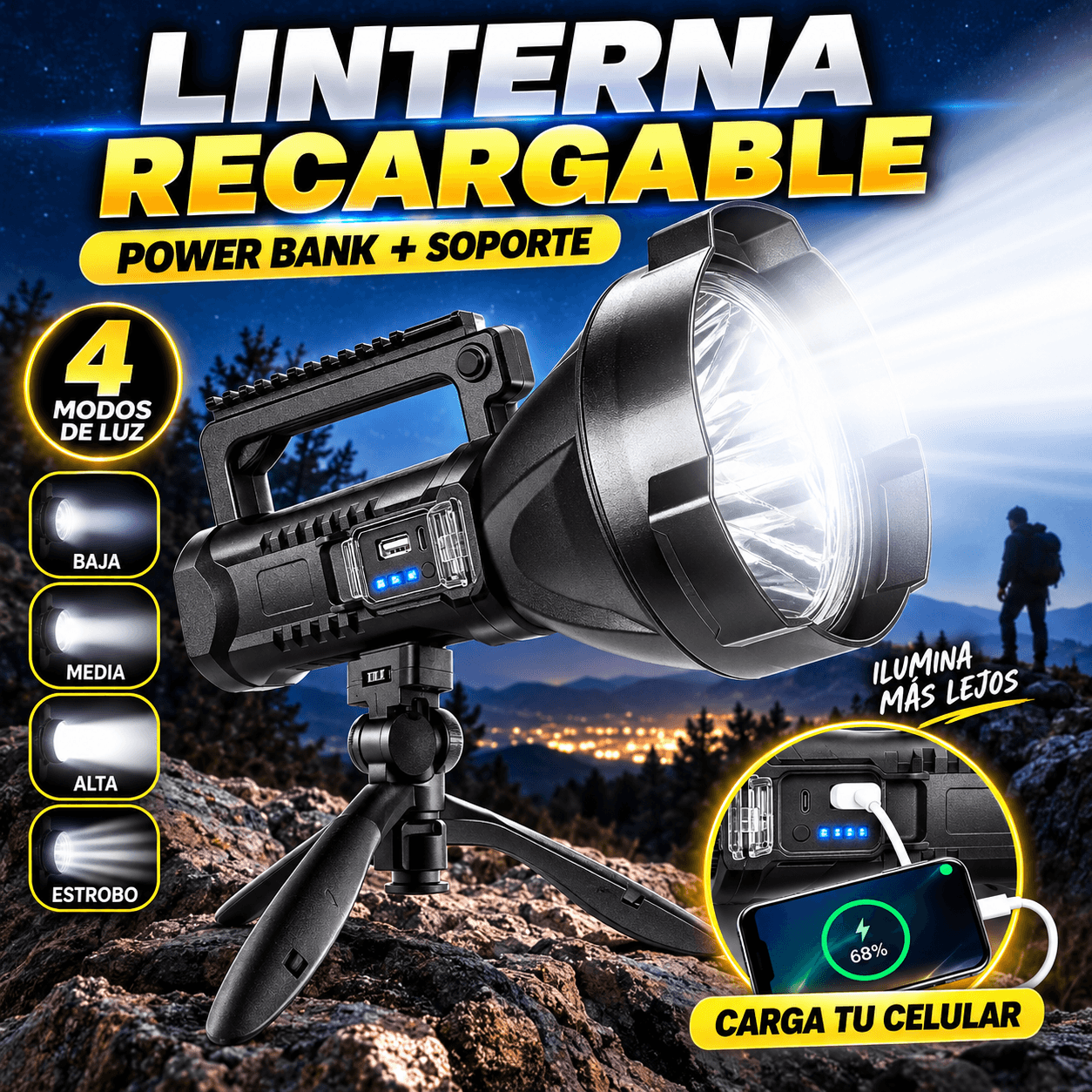 Linterna LED Recargable Potente Power Bank Con Soporte Y Trípode