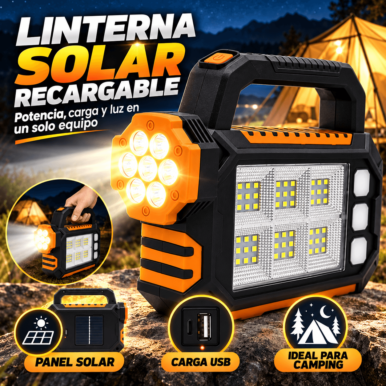 Linterna Solar Recargable LED Multifunción Camping Emergencia Portátil