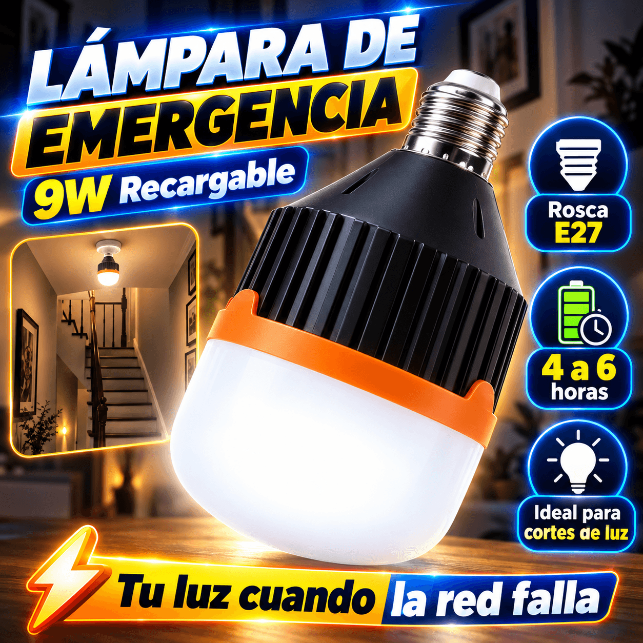Lámpara de Emergencia Led 9w Recargable Rosca E27