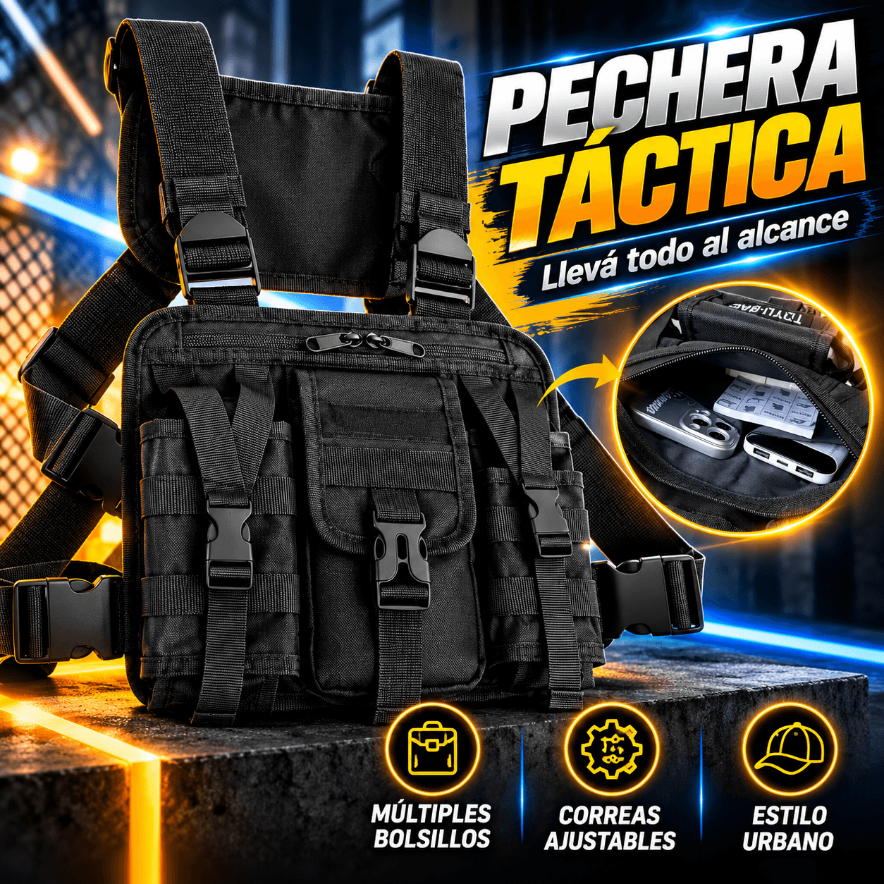Pechera Táctica Urbana Riñonera Chaleco Antirobo Multibolsillo Negro