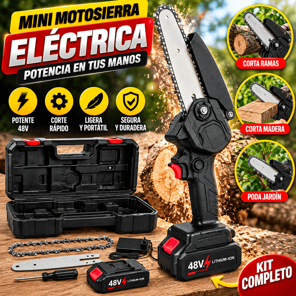 Mini Motosierra Eléctrica A Batería 48v Kit Completo Valija Poda