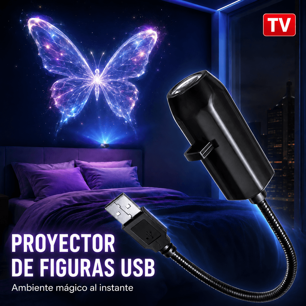 Proyector LED USB De Figuras Mariposa Luz De Noche Velador Flexible