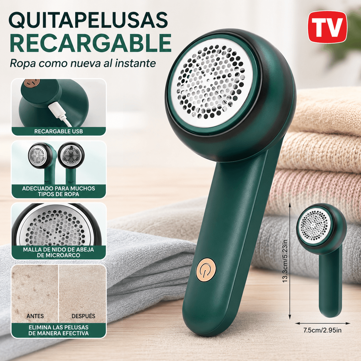 Quitapelusas Electrico Recargable USB Quita Pelusas Ropa Telas Verde
