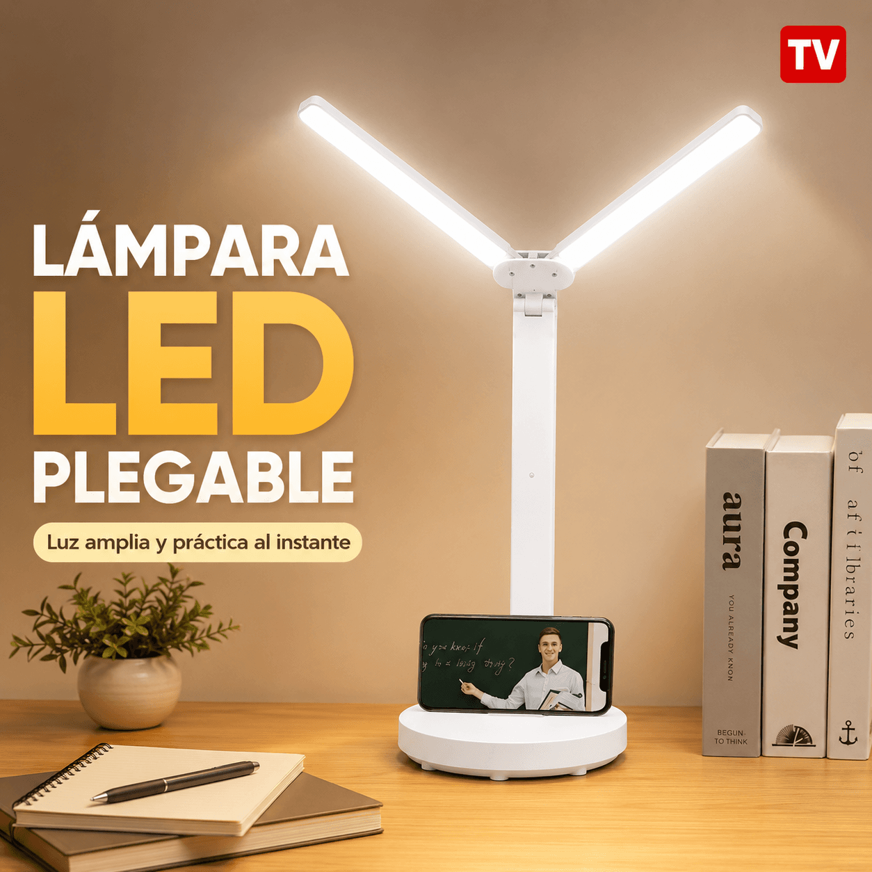 Lámpara Velador LED Plegable Doble Cabezal Escritorio Con Soporte Celular