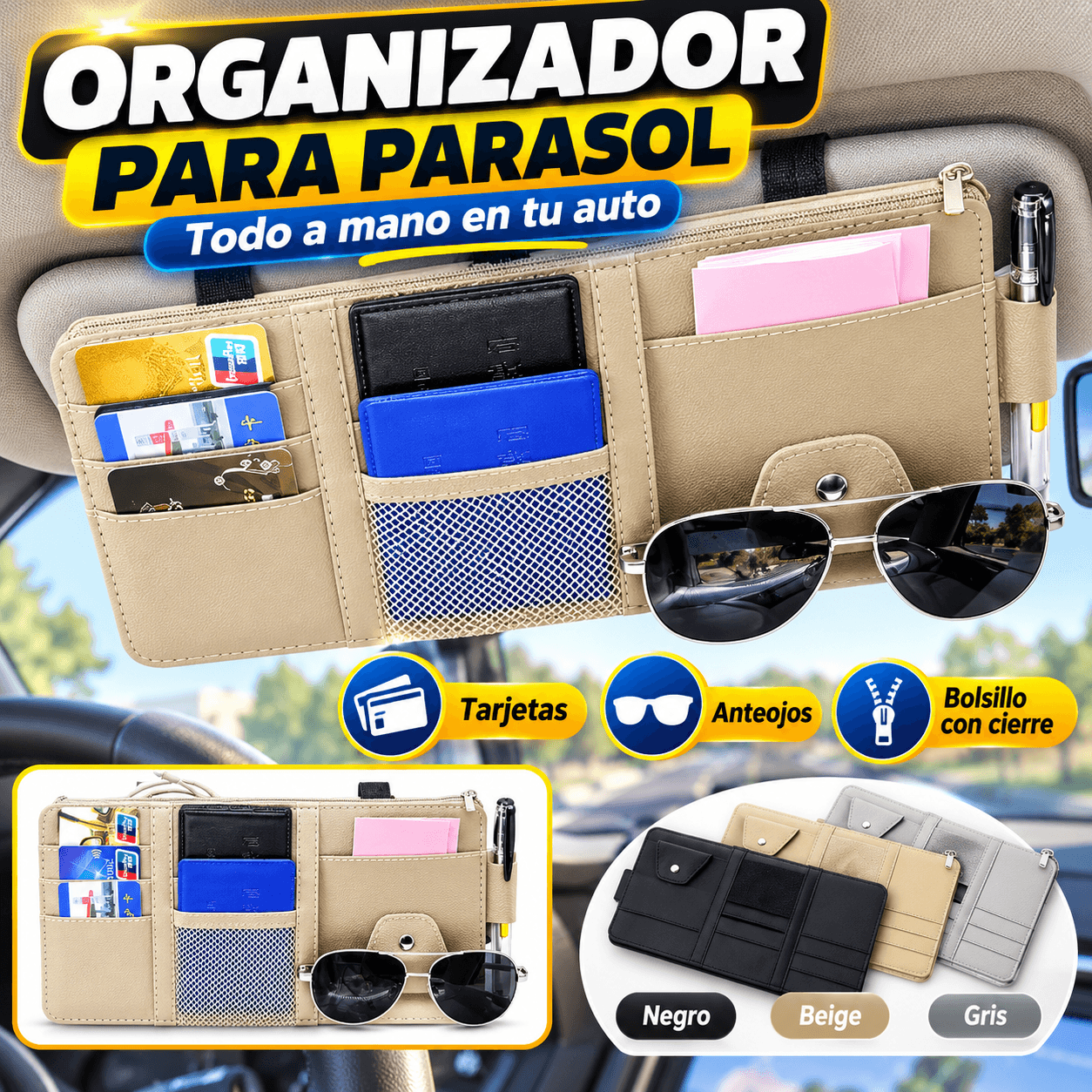 Organizador Para Parasol Auto Cuero Cierre Lentes Tarjetas Premium